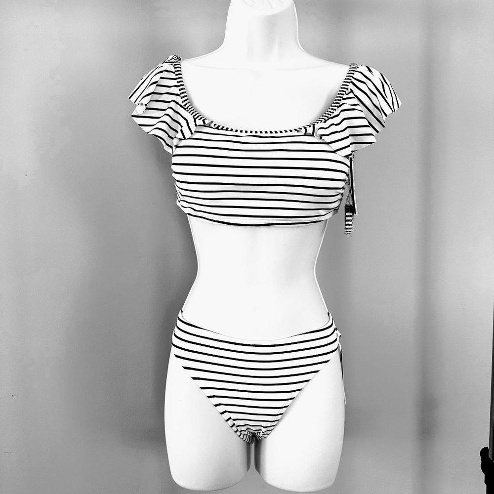 Vince Camuto Womens Bikini Set Stripes Ruffle Shoulder